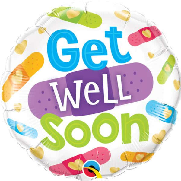 Round balloon with "Get Well Soon" text and colorful bandage graphics