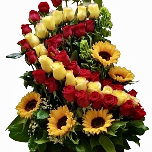 Tiered bouquet of red and yellow roses with sunflowers