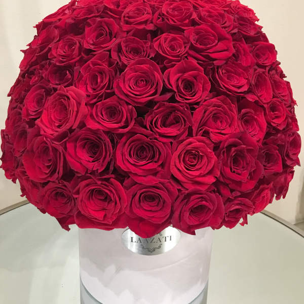 Large dome bouquet of red roses in a white box
