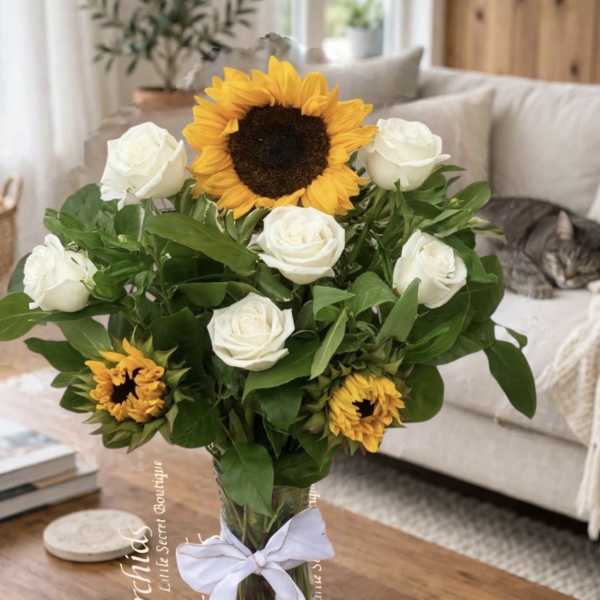Luxury Sunflower & White Rose Bouquet | Cat Lover’s Collection | Same-Day Orange County Flower Delivery