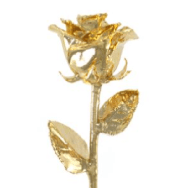 Single gold-colored rose stem with metallic leaves