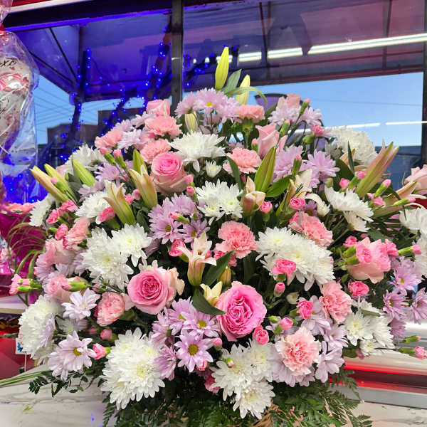 Jumbo Purple Theme w/ Lilies Mix Sympathy Arrangement