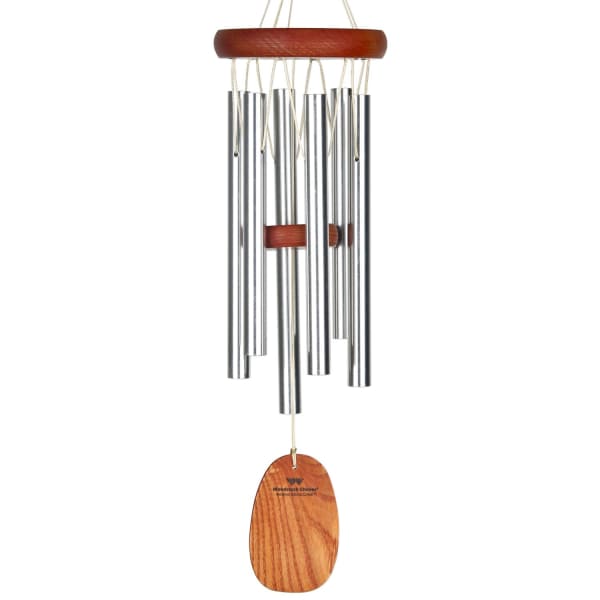 Silver wind chime with wooden accents and a hanging wooden striker