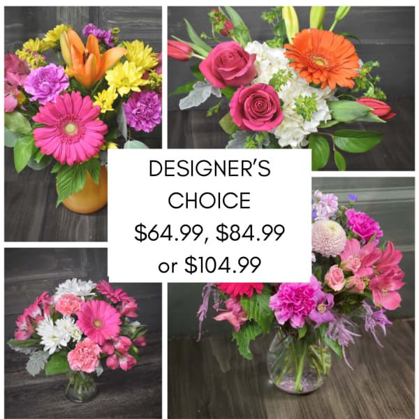 Collage of colorful mixed flower arrangements in vases with designer's choice pricing