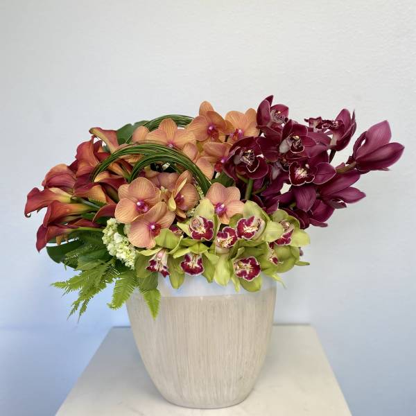 Mixed orchid arrangement in a light wood vase