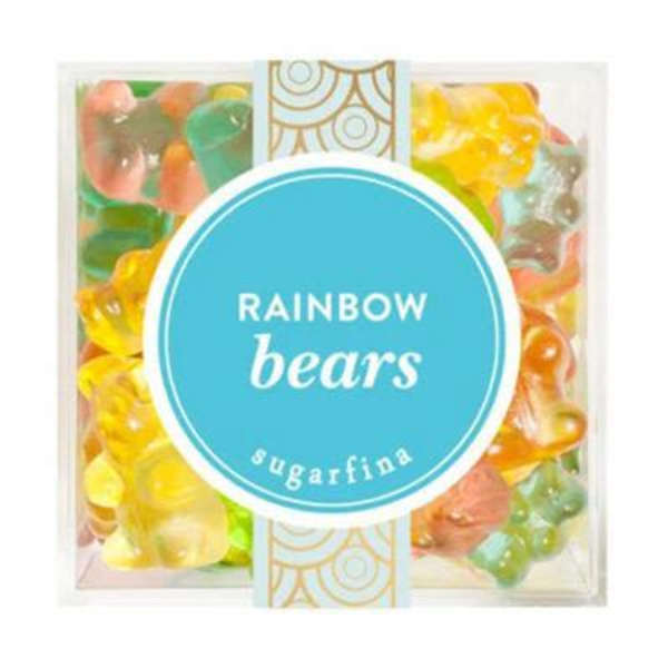Box of rainbow gummy bears with a blue label