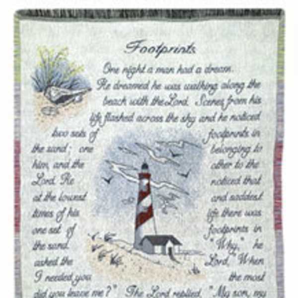 Decorative wall hanging with a lighthouse scene and printed text