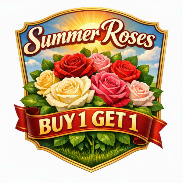 Graphic of multicolored roses with a "Summer Roses" and "Buy 1 Get 1" banner