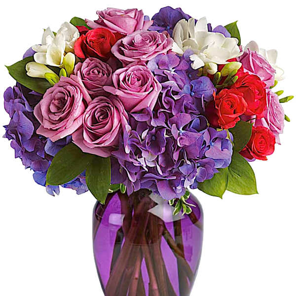 Mixed bouquet of roses and hydrangeas in a purple glass vase