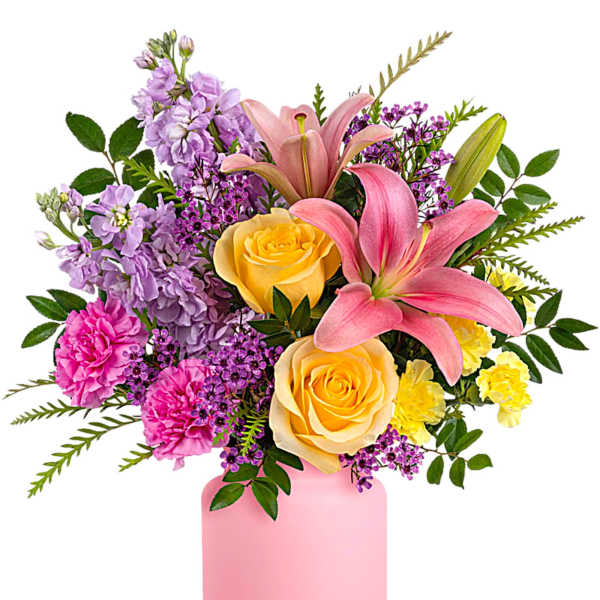 Pink and yellow floral arrangement in a pink vase