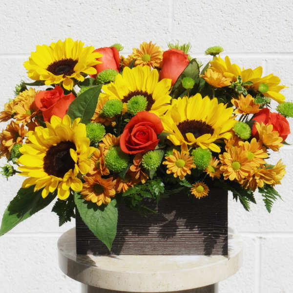 Sunflower and orange rose arrangement in a rectangular vase