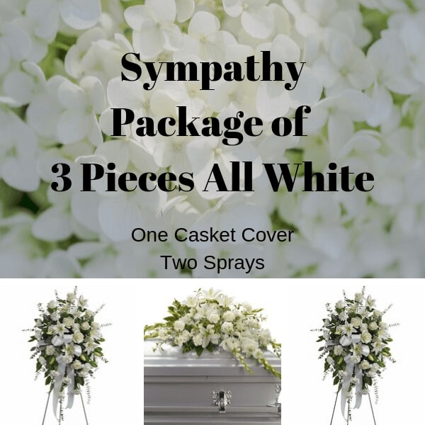 White sympathy floral package with casket spray and standing sprays