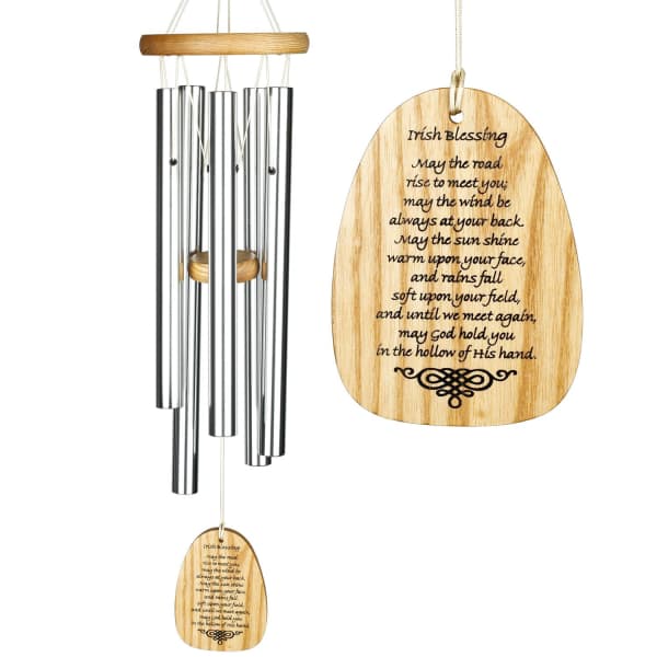 Wooden wind chime with engraved Irish blessing text