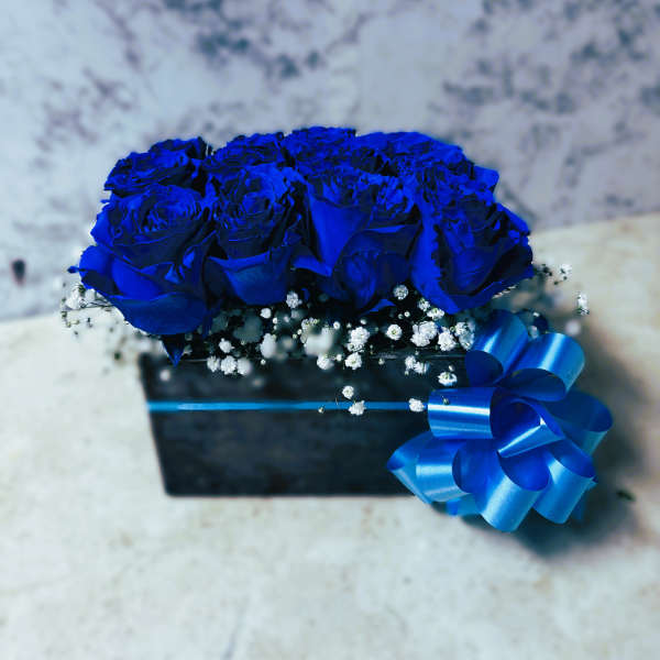 Low black box arrangement of vivid blue roses with white filler flowers and a large blue ribbon bow.