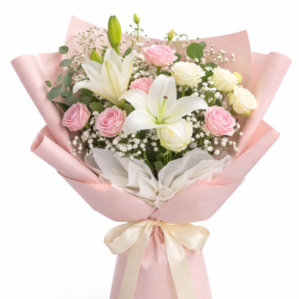 Pink and white bouquet with lilies and roses wrapped in pink paper