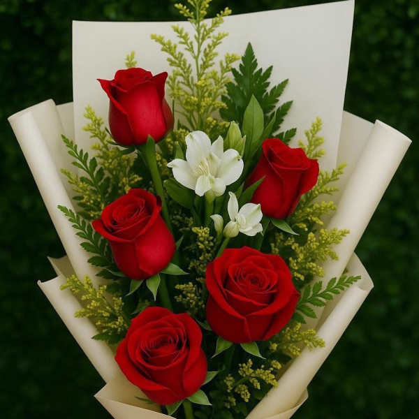 Bouquet of red roses and white flowers wrapped in cream paper