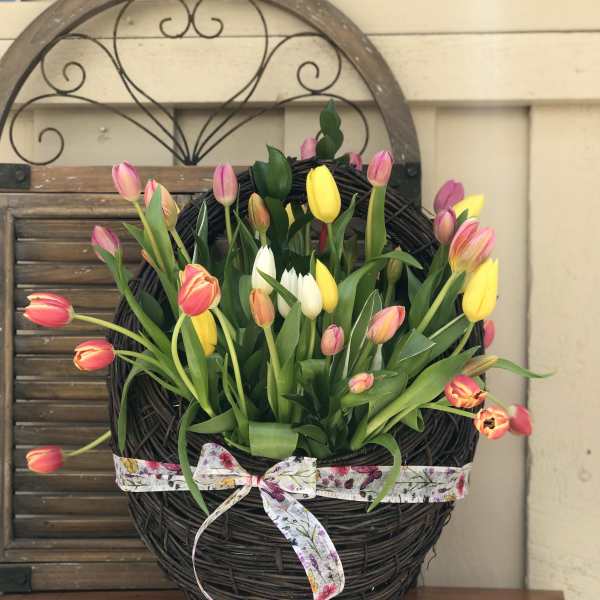 Basket arrangement of pink, yellow, and white tulips with a ribbon