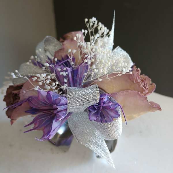 Violet and silver dried flower corsage