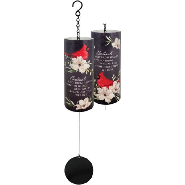 Two hanging memorial wind chimes with cardinal and flower designs