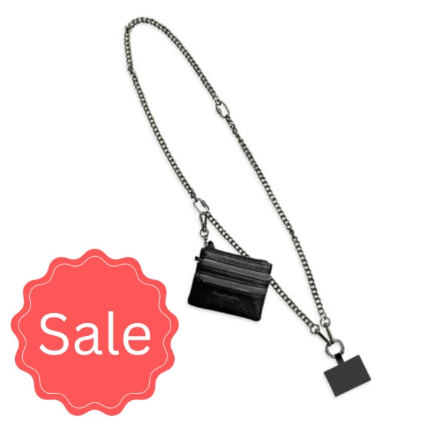 Black chain necklace with a small zip pouch and square pendant
