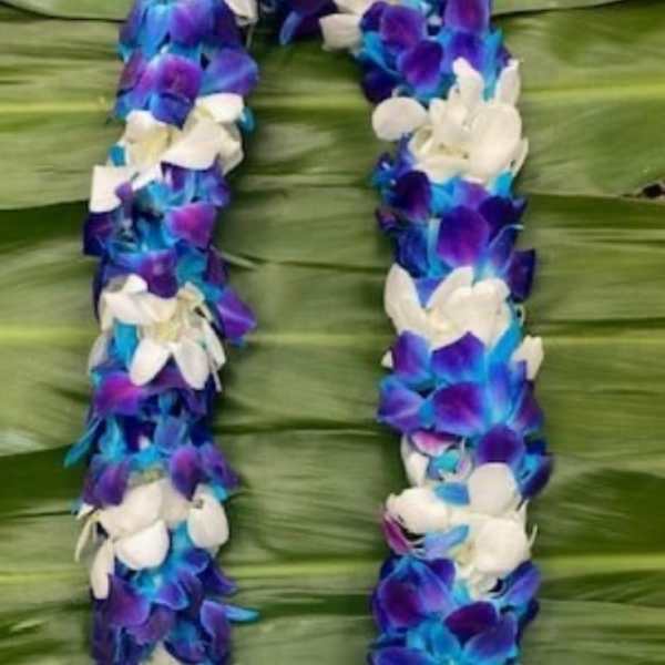 Purple, blue, and white flower lei on a green leaf background