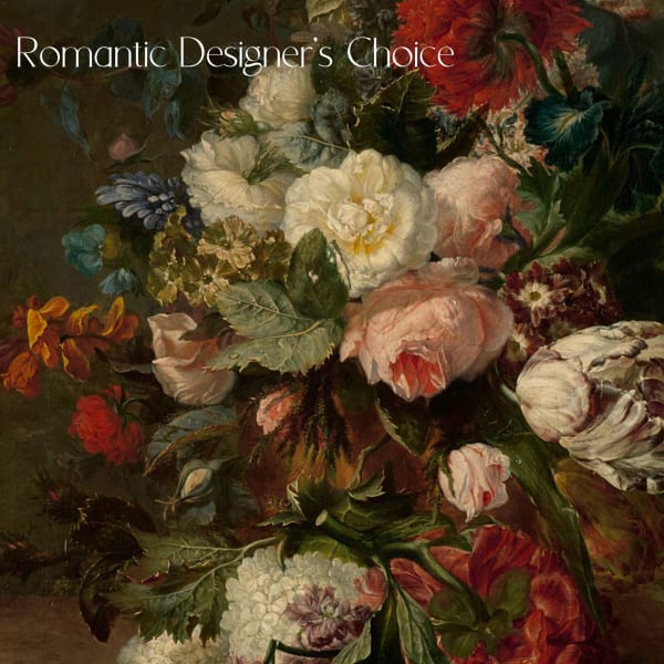 Painting of a mixed bouquet with large blooms in a dark background