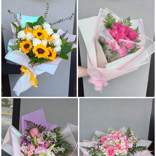 Four pastel bouquets with roses, sunflowers, and mixed blooms wrapped in paper