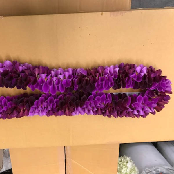 Purple flower lei on a cardboard surface