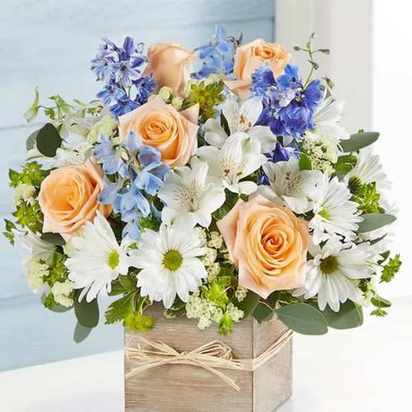 Peach roses, white daisies, and blue flowers in a wooden box