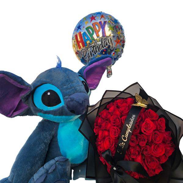 Gift set with blue plush toy, round red rose bouquet in black wrap, and a colorful Happy Birthday balloon.