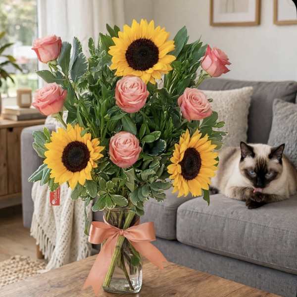Luxury Kahala Peach Rose & Sunflower Bouquet | Cat Lover’s Collection | Same-Day Orange County Flower Delivery