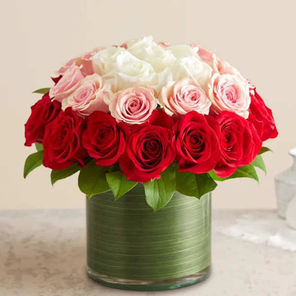 Round arrangement of red, pink, and white roses in a clear glass cylinder vase