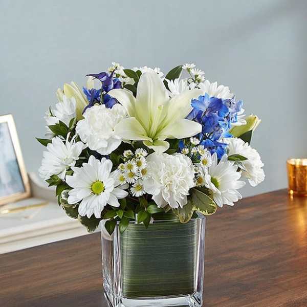 White and blue mixed flower arrangement in a square glass vase