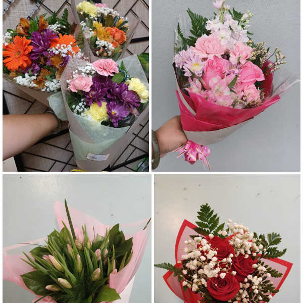 Collage of hand-held bouquets with mixed flowers, roses, and baby’s breath