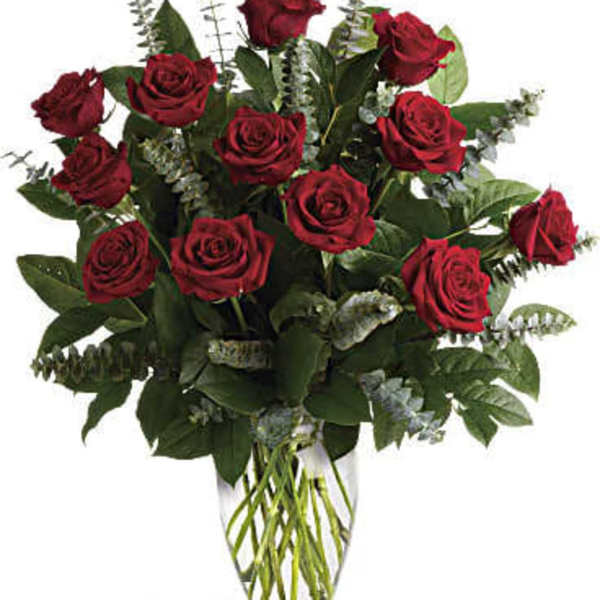 Bouquet of red roses with mixed greenery on a white background