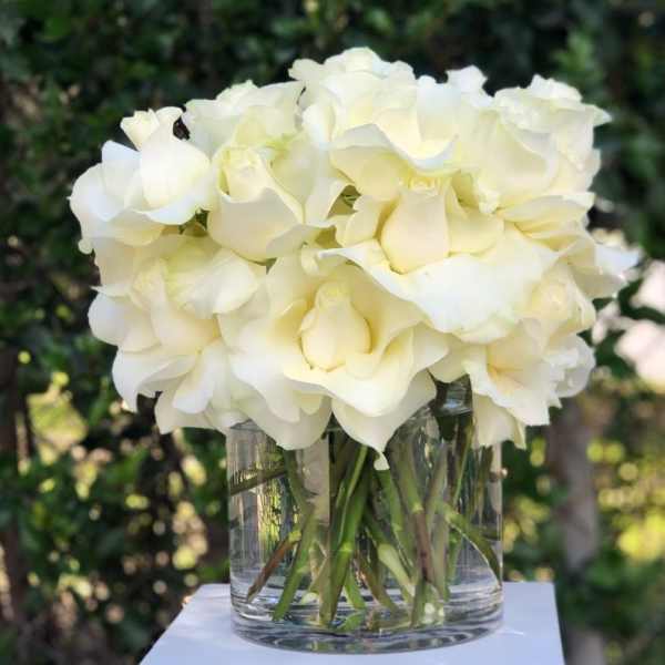 White calla lilies arranged in a clear glass vase