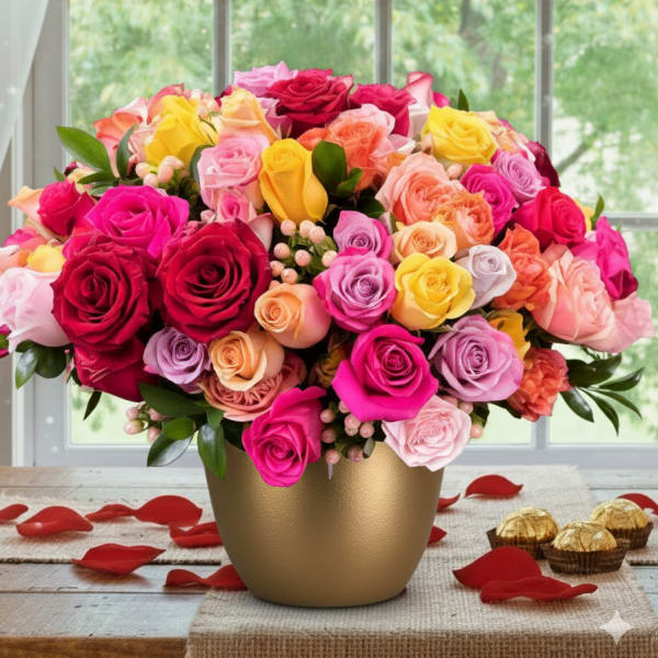 Mixed roses in a gold vase with rose petals and chocolates