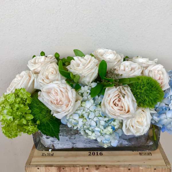 White roses and blue hydrangeas arranged in a glass container