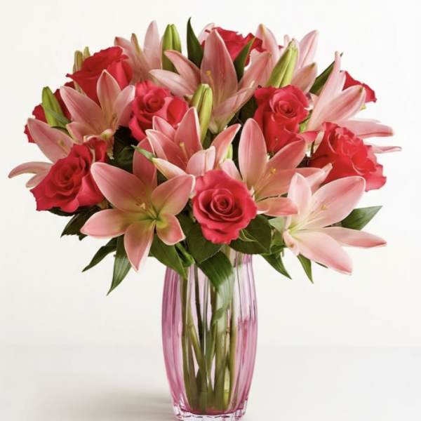Pink lilies and red roses in a pink glass vase
