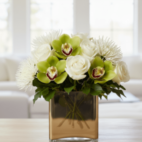 White roses and green orchids in a square glass vase