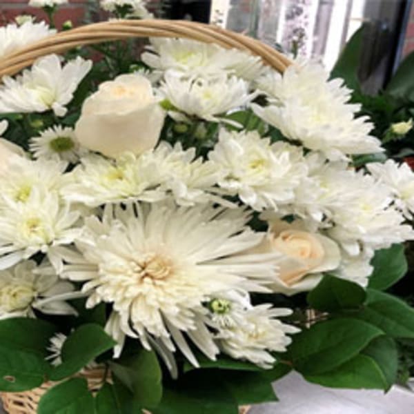 White flowers arranged in a wicker basket with green foliage