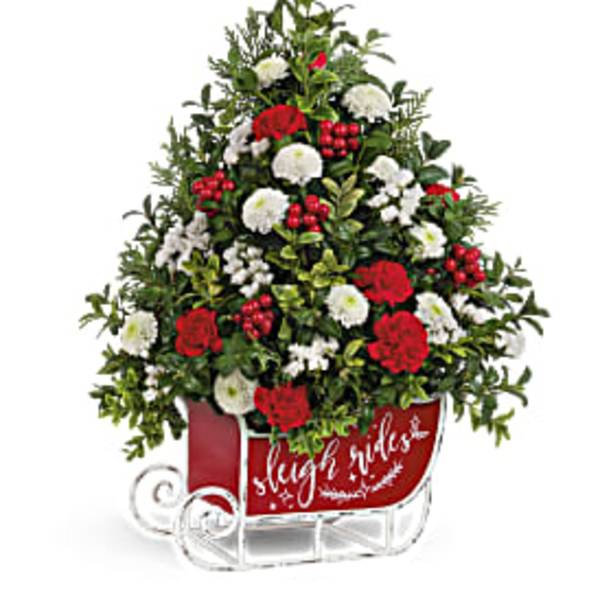 Red and white floral arrangement in a sleigh-shaped container