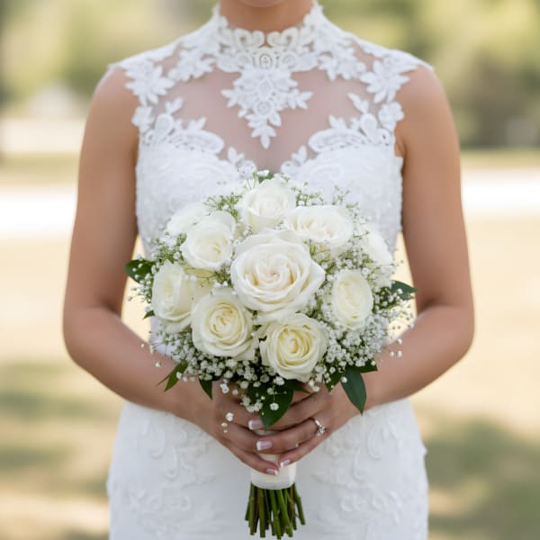 Bride holding a white rose bouquet