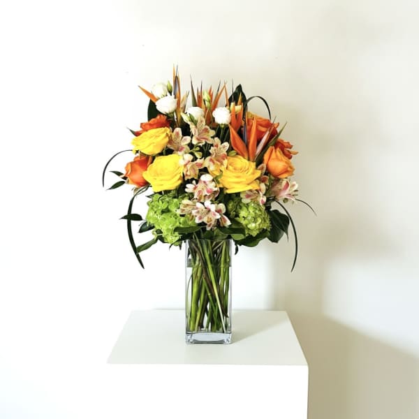 Blooming Paradise ( Birds of Paradise flower, Hydrangeas, Yellow and Orange Roses)