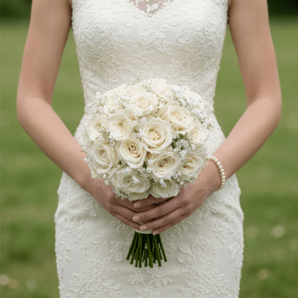 Bride holding a white rose bouquet in front of a lace wedding dress