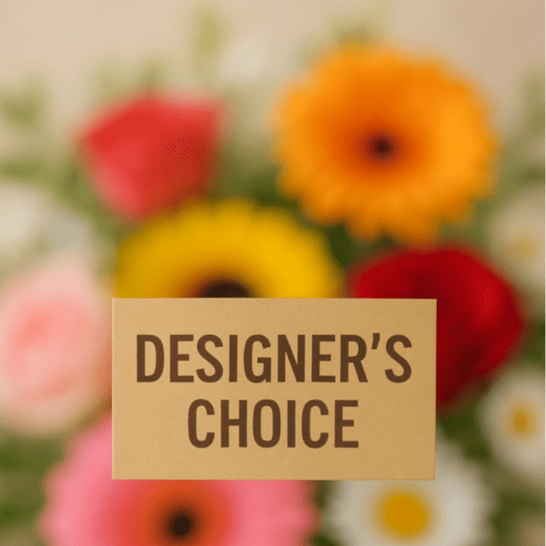 Blurred mixed gerbera daisies with a designer's choice sign
