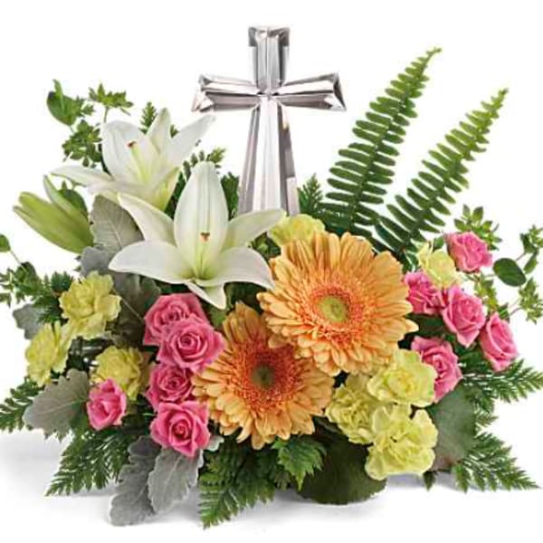 Mixed bouquet with white lilies, pink roses, and orange gerbera daisies