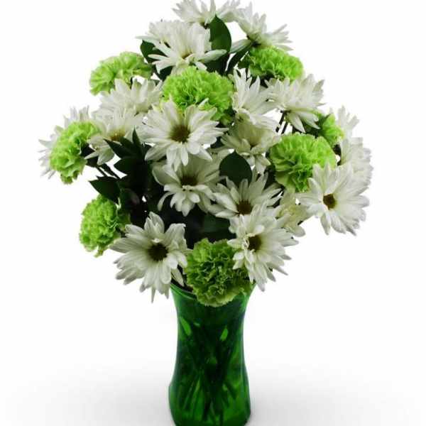 White daisies and green carnations in a green glass vase