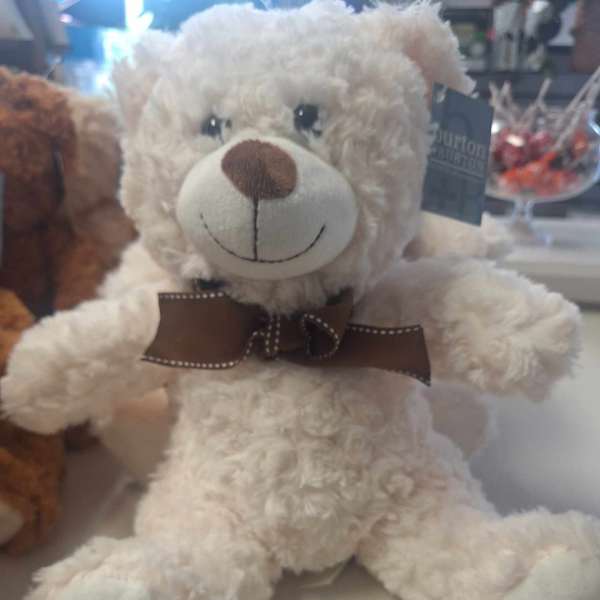 White plush teddy bear with a brown bow tie
