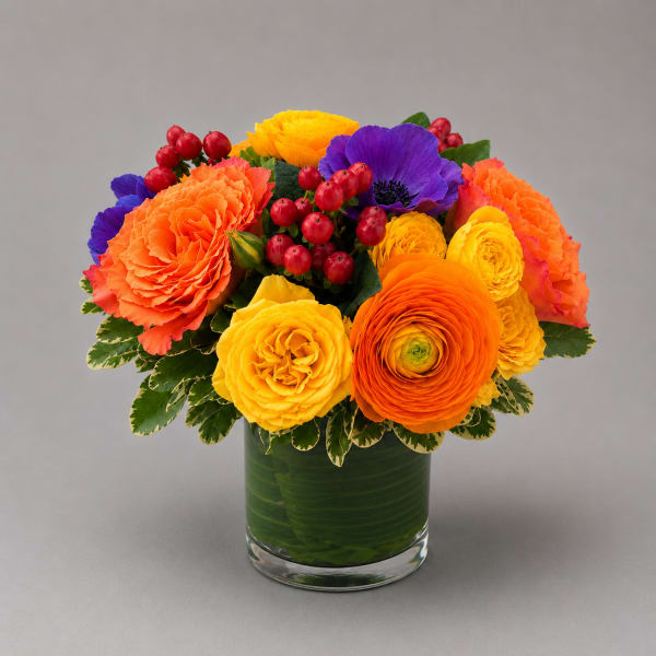 Bright mixed bouquet in a glass vase with orange, yellow, and purple blooms